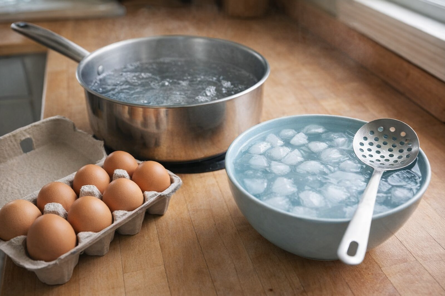 A photo showing raw eggs in their carton next to a saucepan filled with water, an ice bath in a bowl, and a slotted spoon. The lighting is bright and natural.